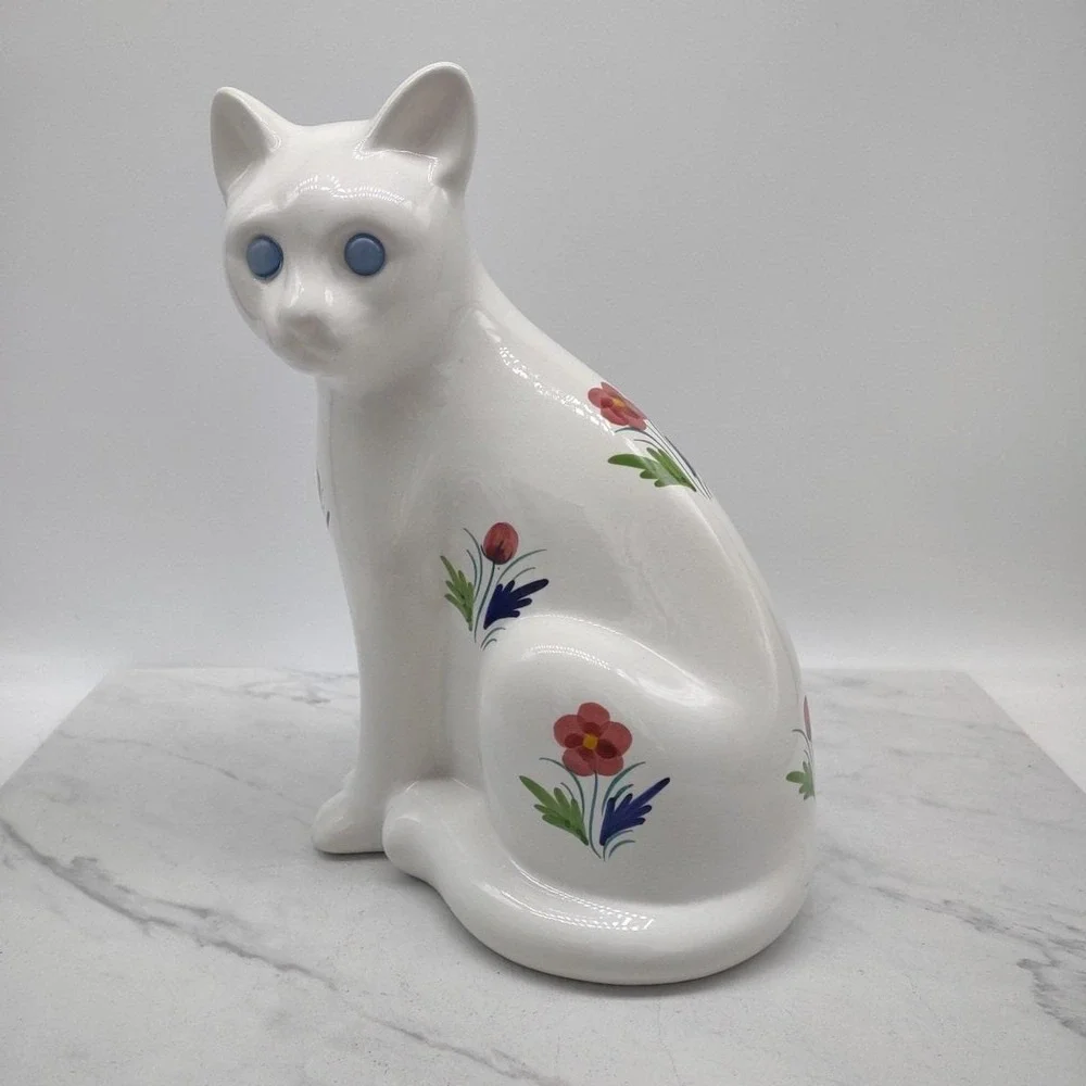Cat Al Cobaca Portugal White Ceramic Painted Spring Flowers Blue Jewel Eyes Cat